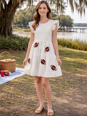 Women’s Large - White Tiered Mini Dress with Sequin Football Patches